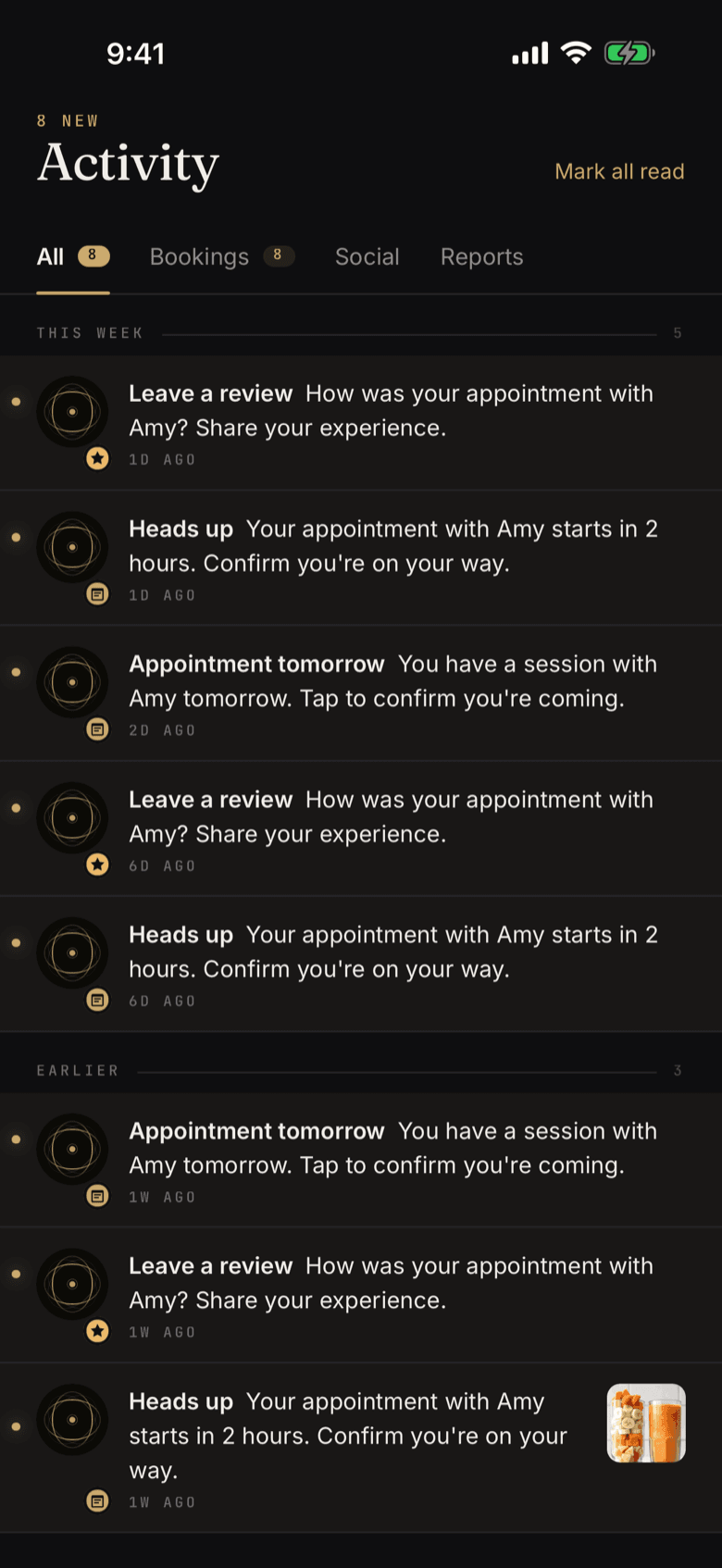 Polish activity inbox with appointment reminders and review prompts